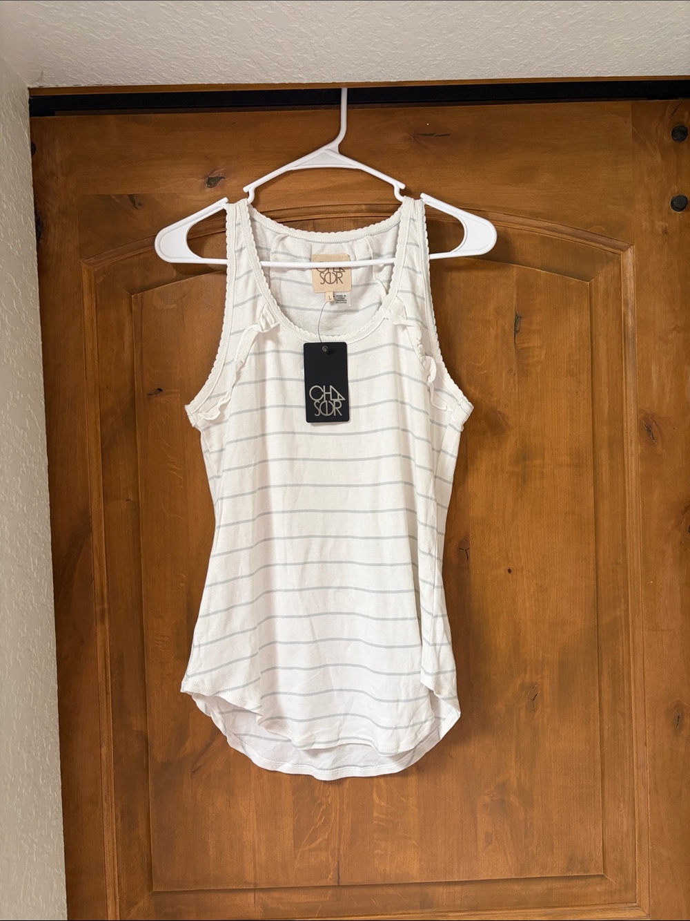 Chaser Cream Tank with Light Gray Stripes and Ruffle Trim